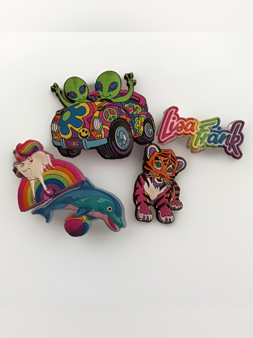 Lisa Frank Alien Peace Car, Rainbow Dolphin & Tiger Sticker Set Crocs Jibbitz